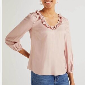 Boden Pink Ruffle Scoop Neck Blouse